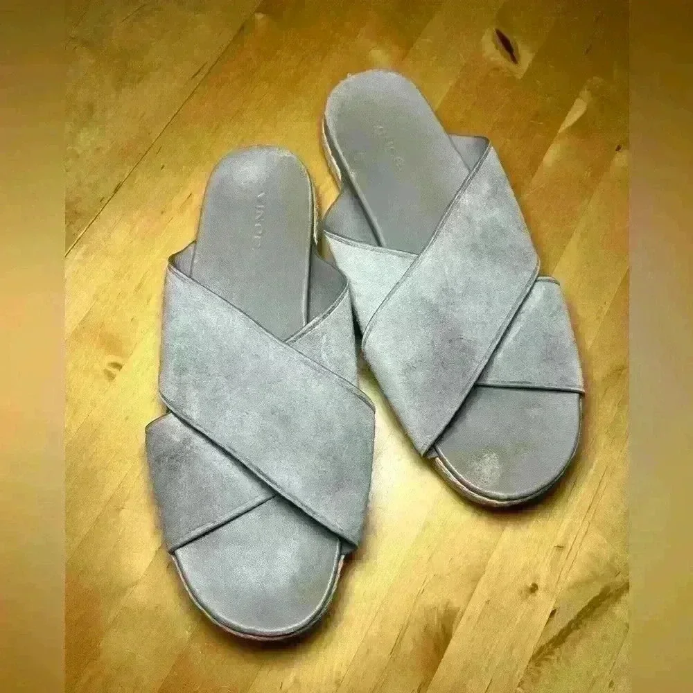VINCE Villaire Suede Sandals Cris Cross Espadrille Light Grey Slip On Neutral